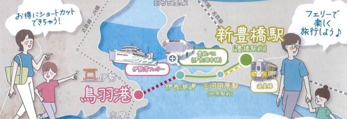 新豊橋駅から鳥羽港までフェリーを使ったルート図
